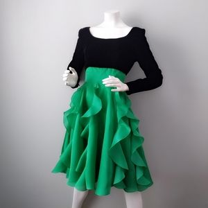 Vintage 🎉HP🎉 1980s Carolina Herrera Velvet Green Silk Colorblock Ruffle Dress